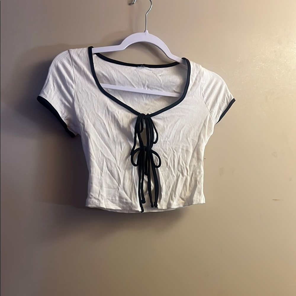 Windsor White and Black Tie Front Crop Blouse